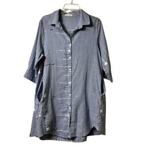 Linen Blend 3/4 Sleeve Button Front Pinstripe Shirt Dress Pockets  M (2728)